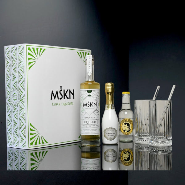 MÅNESKIN Fancy Liqueurs Lemon Mate Premium Geschenkset mit 2 x Longdrink Gläsern und Glashalmen, 1 x Prosecco und 1 x TonicWater